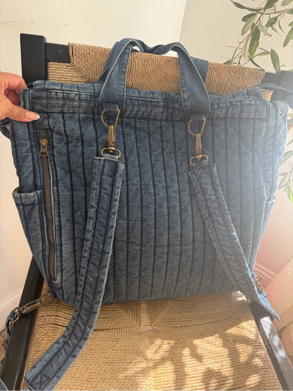 Quilted Denim Convertible Backpack Tote - Blue